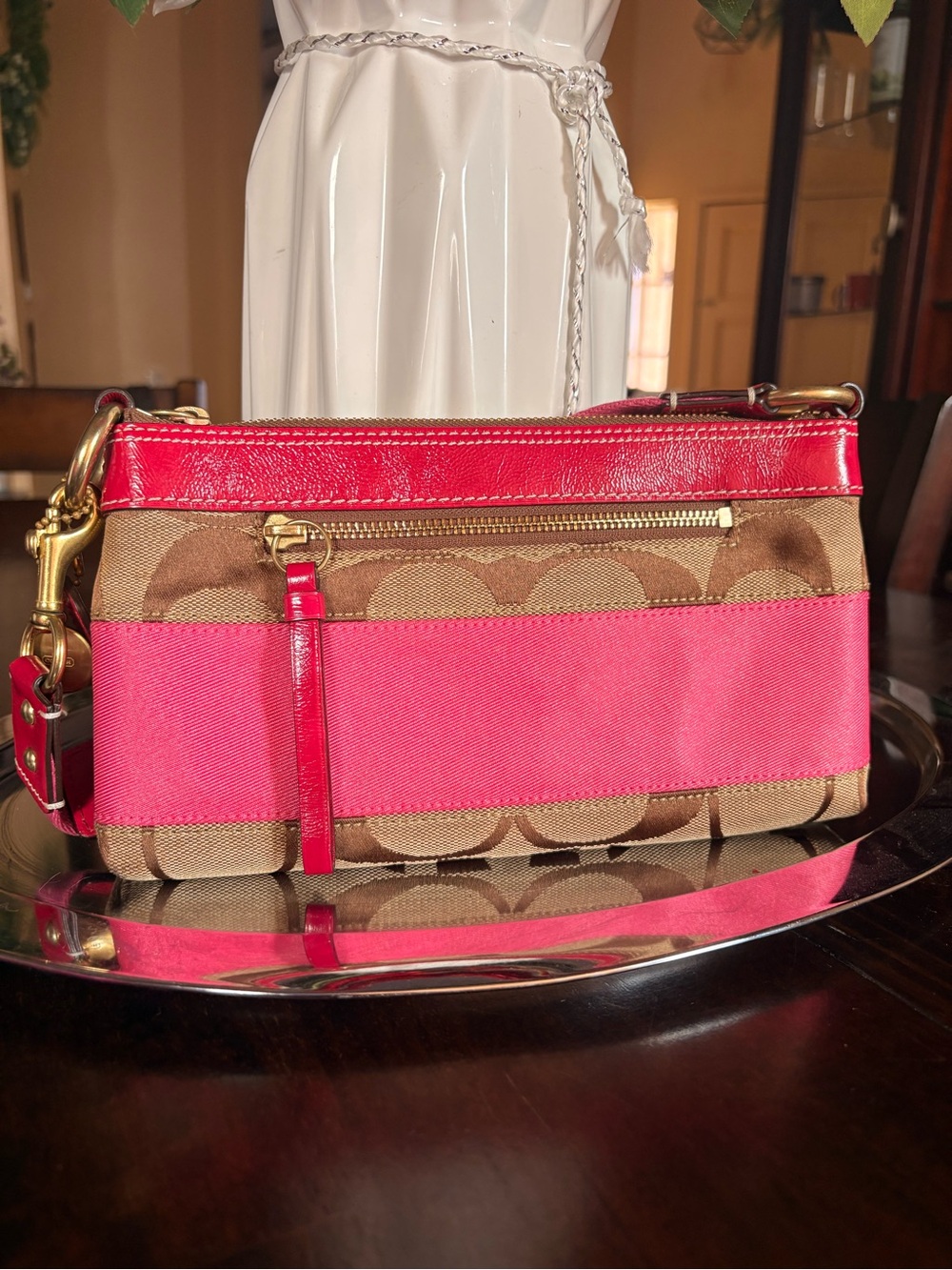 Coach Brown Signature Canvas Crossbody with Pink and Red Trim